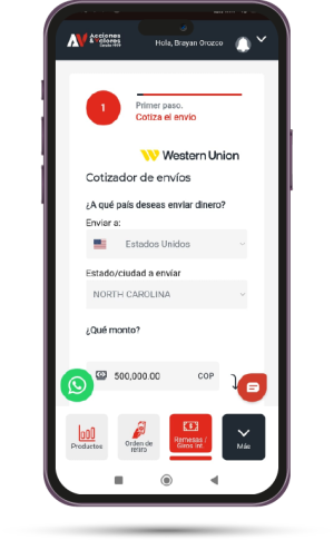 Pantalla de celular mostrando cómo seleccionar país, ciudad y monto para enviar dinero al exterior