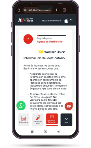 Pantalla de celular para ingresar la información del destinatario en envíos de dinero internacional